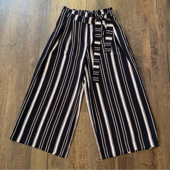 Zara M stripe gouchos pant trousers summer black white red belt pocket high rise - Picture 1 of 7